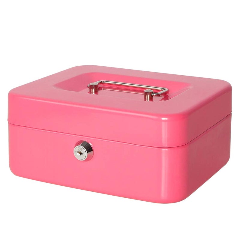Jssmst Small Cash Box with Key Lock - Durable Metal Cash Box with Money Tray Pink, CB0104M - Image 1